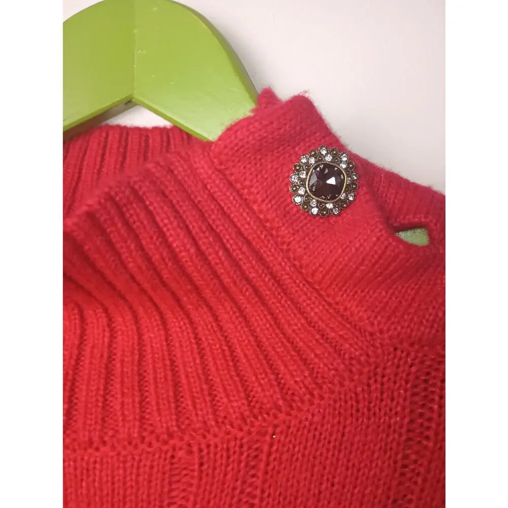 Women's Cable Knit Mock‎ Neck Sweater Red Gem Detail Long sleeve Large Petite
